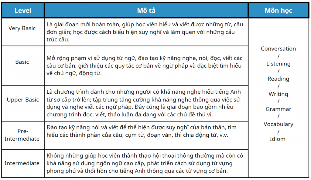 Các cấp độ đào tạo anh ngữ tại e-room 