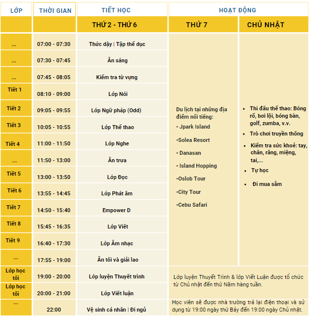 Lịch học mẫu tuần trường HLA 2024