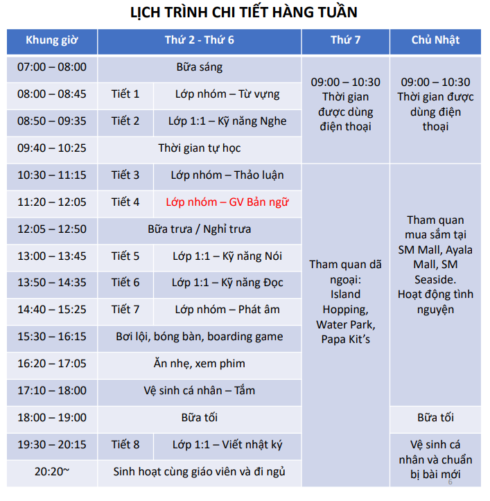 Lịch trình chi tiết tuần khóa hè ESL 2024 trường CELLA