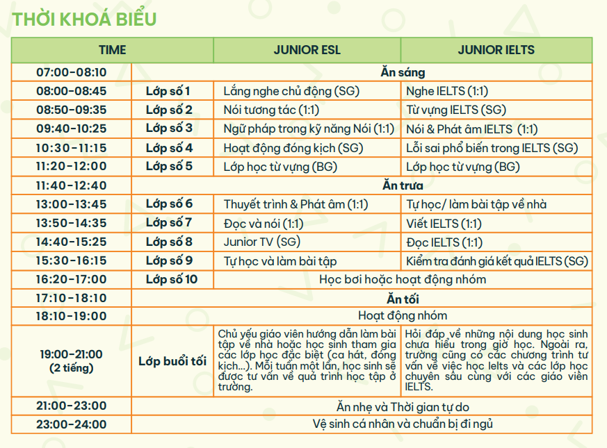 Thời khóa biểu mẫu chương trình Trại hè anh ngữ trường Philinter 2024