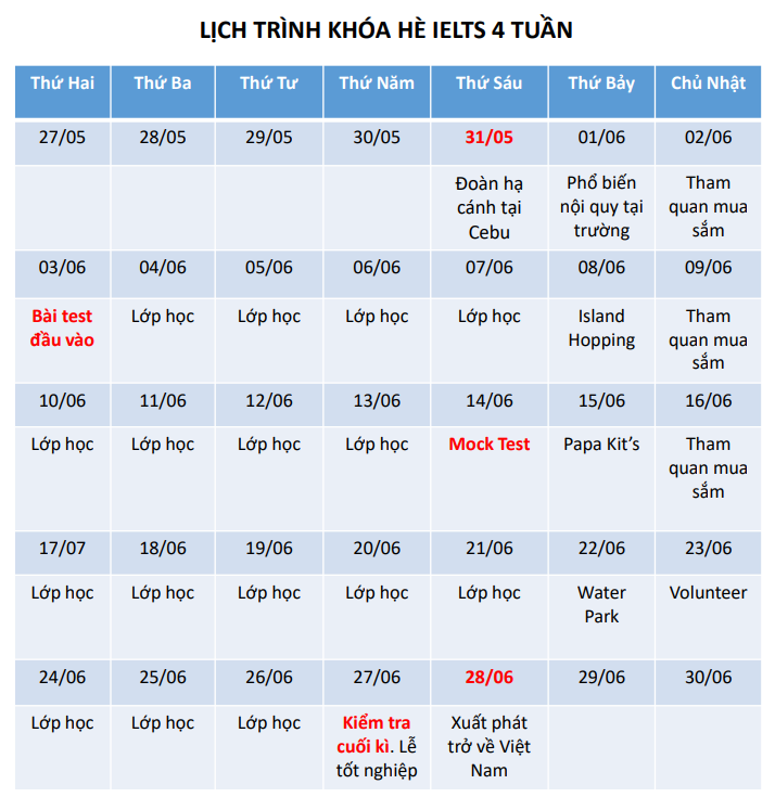 Lịch trình mẫu chương trình học tập tại trại hè Anh ngữ 2024 trường CELLA