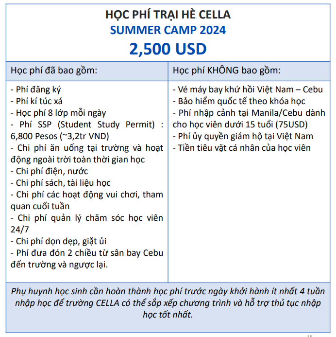 Học phí chương trình Summer Camp 2024 trường CELLA