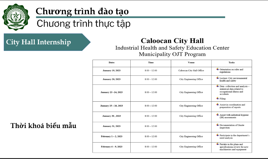 Thời khóa biểu mẫu chương trình thực tập City Hall Internship