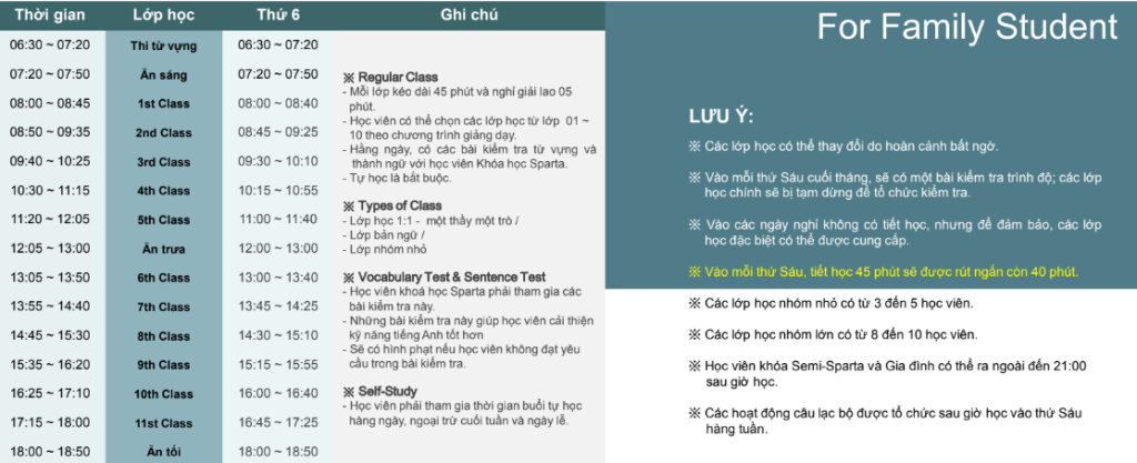 Lịch trình mẫu khóa học Family